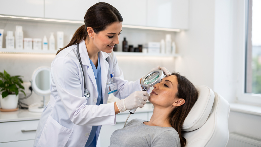 Dermatologist performing thorough skin consultation and examination